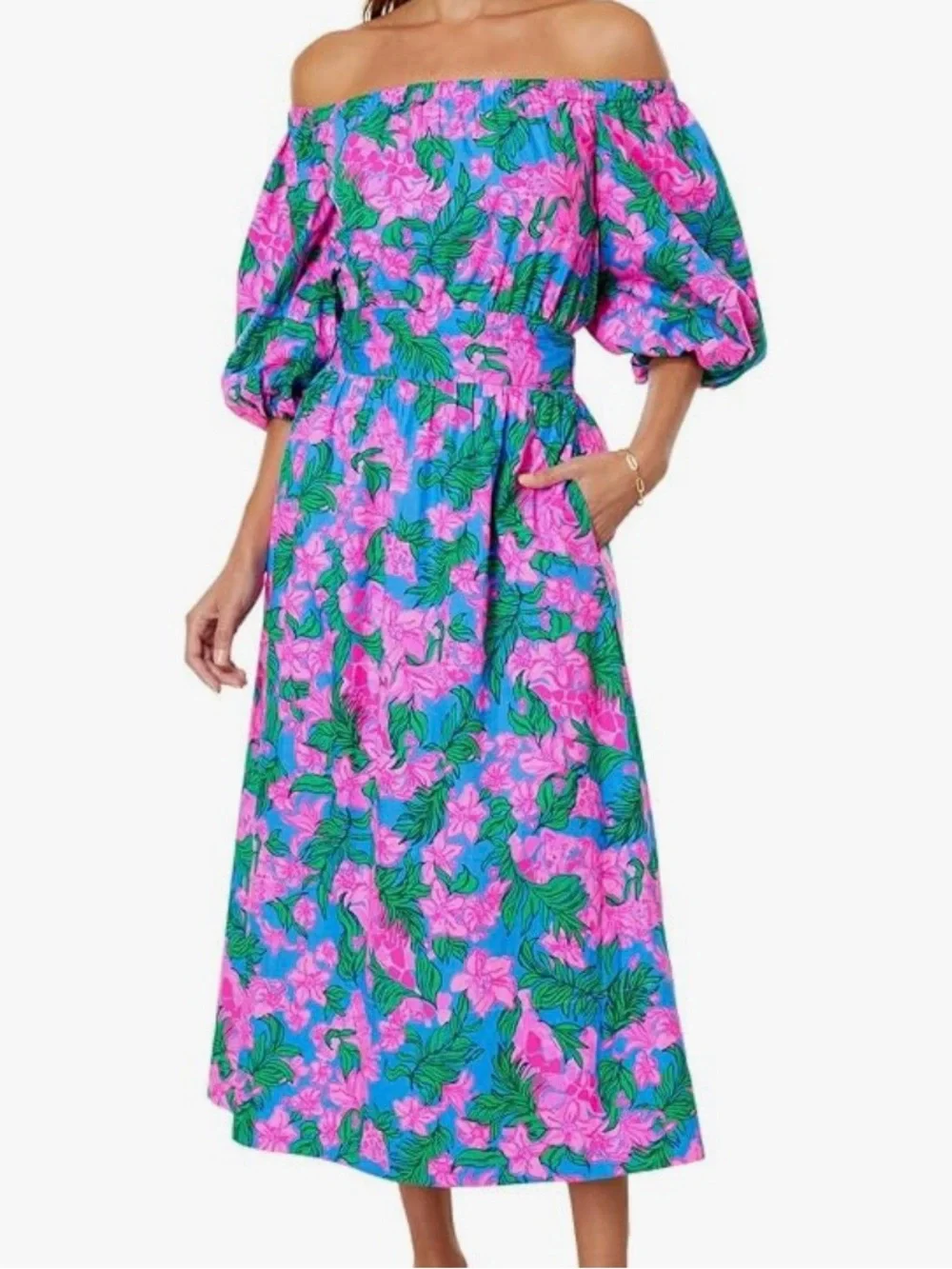 Lilly Pulitzer Shawnlee Pink & Blue Floral Off-Shoulder Maxi Dress - Picture 1 of 8